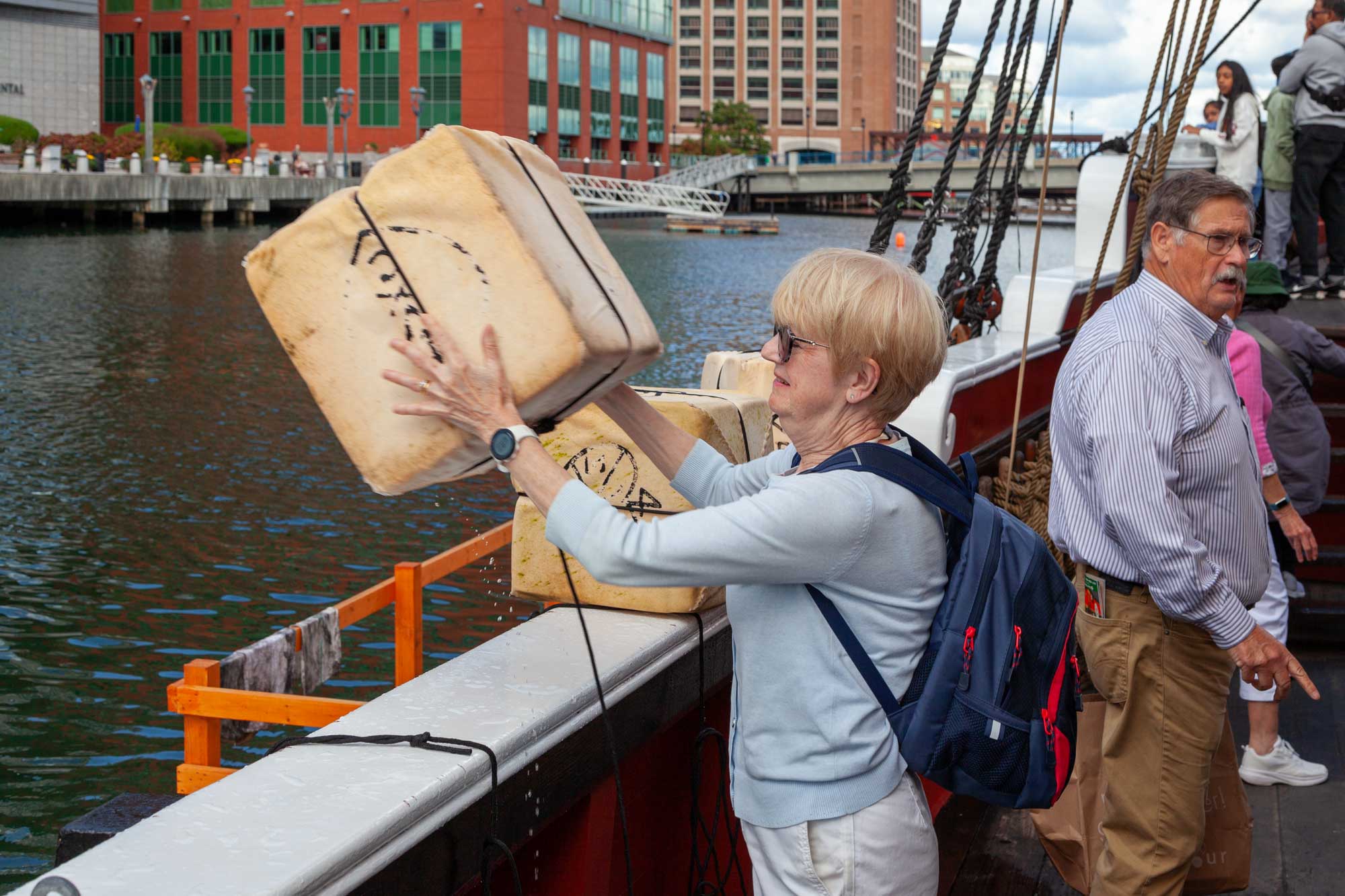 pat throwing crate overboard at Boston tea party